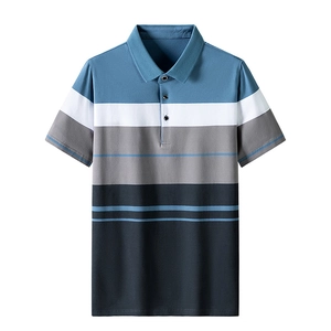 Polo-Shirt für Herren aus Eisseide mit modischem Streifen-Patchwork für Business-Casual