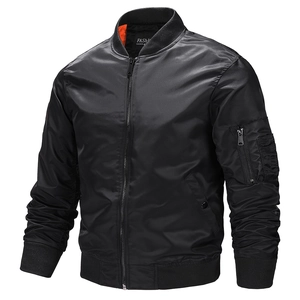 Classic black bomber jacket for men with a vibrant orange lining and ribbed trim