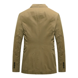 Vista posteriore del blazer casual in cotone kaki con toppe ai gomiti e bottoni