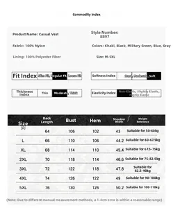 Size chart for outdoor multi-pocket mesh vest with nylon fabric specs from size M to 5XL