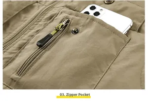 Detail of multi-pocket outdoor vest featuring a zipper pocket with phone storage