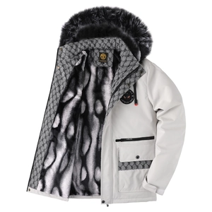 Parka d'hiver pour hommes blanc cassé avec doublure en fourrure et grand col noir chic