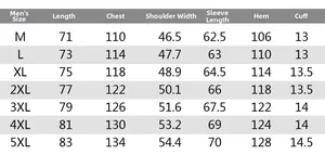 Tableau des tailles détaillé pour veste d'hiver homme avec mesures du M au 5XL