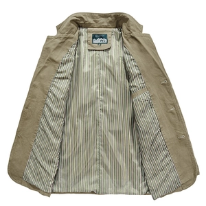 Giacca blazer casual da uomo in cotone kaki con fodera a righe e tasca interna