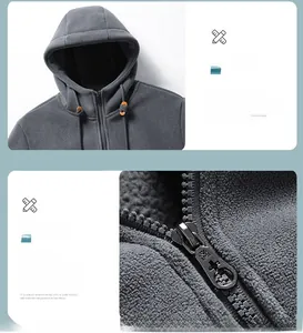Detailaufnahme der Fleece-Kapuzenjacke mit Harzreißverschluss und hölzernen Kordelstoppern