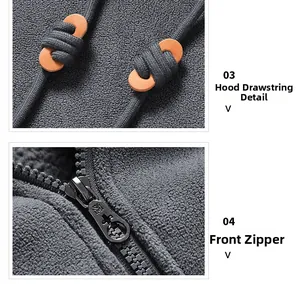 Detail eines dunkelgrauen Fleece-Hoodies mit Kordelzug, Lederlasche und Metallreißverschluss