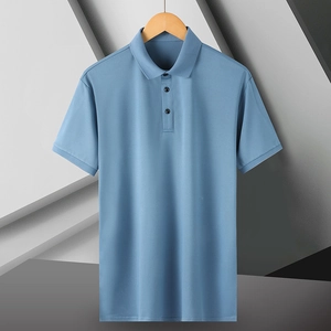 Detailed view of Morandi blue ice silk polo shirt featuring a classic collar and three buttons