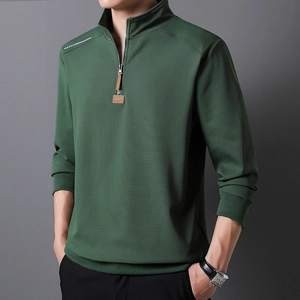 Sudadera verde militar para hombre con media cremallera, cuello alto y punto acanalado