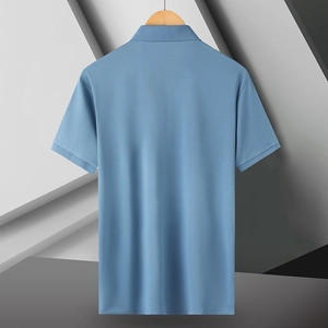 Back view of light blue ice silk polo shirt featuring breathable pique fabric texture