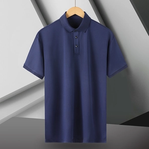 Close-up of the classic polo collar and three-button placket on a navy mesh shirt