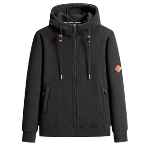 Schwarze Fleecejacke mit Kapuze für Herren, verstellbarem Kordelzug und Ärmel-Patch