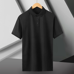 Detailed view of black ice silk Polo shirt collar with buttons on a wooden hanger