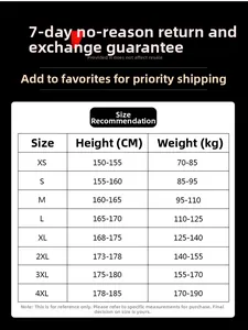 Detailed size chart for athletic shorts showing recommended height and weight from XS to 4XL