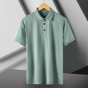 Detail shot of mint green ice silk polo shirt featuring ribbed cuffs and three-button placket