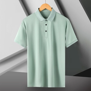 Detail of mint green men's Polo shirt with ribbed cuffs and three-button collar design