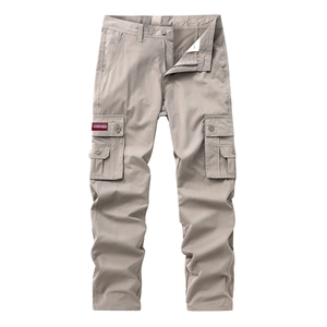 Men's khaki multi-pocket cargo pants in straight-leg cut with red fashion label detail
