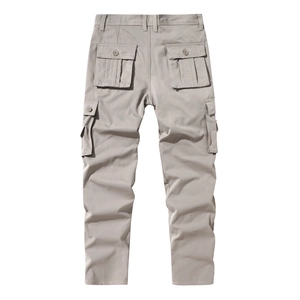 Detail view of khaki cargo pants featuring buttoned flap back pockets and utility side pockets