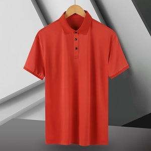 Detail of red ice silk polo shirt featuring a ribbed cuff and breathable knit texture