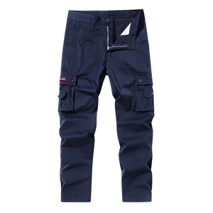 Men's navy blue multi-pocket cargo pants with a straight-leg fit and cotton blend fabric