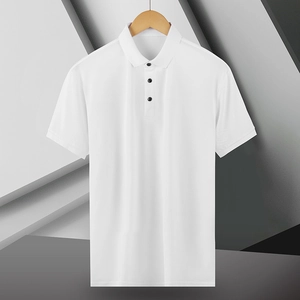 Detail of white ice silk polo shirt featuring classic collar and black buttons on hanger