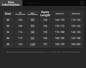 Detailed size chart for men's cargo pants showing waist, hip, and length measurements
