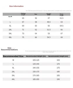 Size chart for men's flight bomber jacket with measurements and weight suggestions