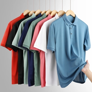 Men's breathable ice silk polo shirts in multiple colors hanging on wooden hangers