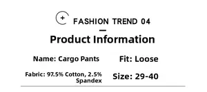 Detailed chart showing cargo pants fabric blend with cotton spandex and loose fit size info