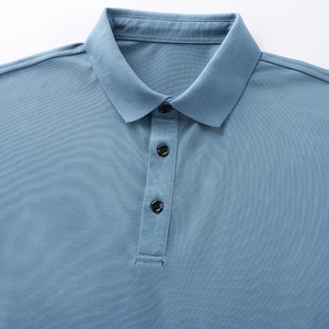 Close-up of the flat collar and buttons on a blue quick-dry ice silk polo shirt
