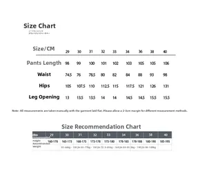 Detailed size chart for men cotton cargo pants including length and waist measurements