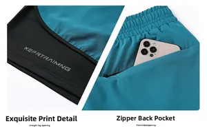 Detail of athletic shorts featuring a secure zipper back pocket for a phone and logo print
