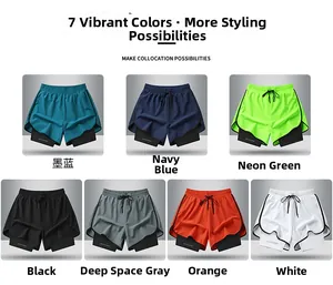 Detailed grid showing seven colors of double-layer quick-dry athletic running shorts