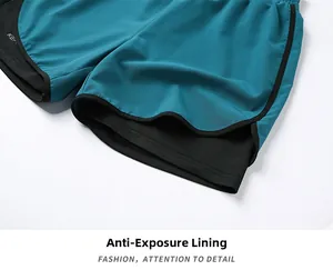 Detail of lake blue running shorts showing black built-in liner and quick-dry fabric