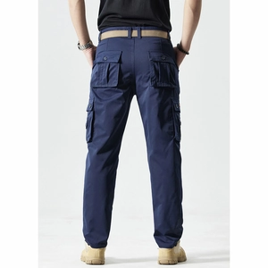 Men's navy blue cargo pants in straight fit with multiple pockets and woven belt back view