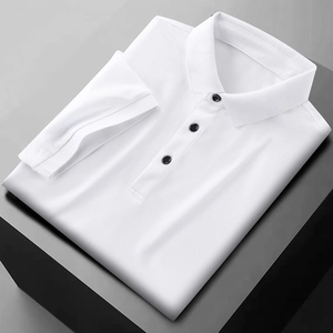 White quick-dry ice silk polo shirt for men with classic collar and three black buttons