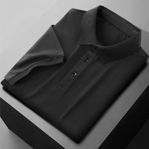 Close-up of black men's ice silk polo shirt featuring piqué texture and classic collar