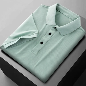 Detail of mint green men's ice silk polo shirt with three-button placket and mesh texture