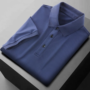 Men's dark blue ice silk polo shirt with short sleeves and breathable pique fabric