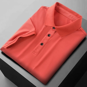 Detail of coral red ice silk polo shirt showing pique mesh texture and three-button placket