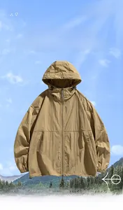 Detail of a khaki lightweight UV protection hoodie featuring adjustable drawstrings and zipper