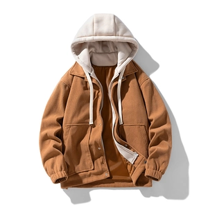 Detail view of brown corduroy hooded jacket with warm fleece lining and dual closure system