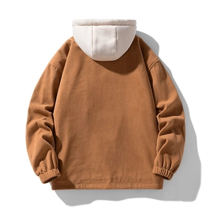 Rear view of brown corduroy hooded jacket with cream contrast hood and ribbed cuffs