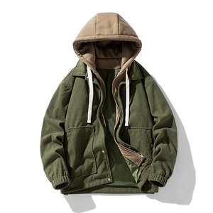 Detail of green corduroy hooded jacket showing brown fleece lining and drawstring hood