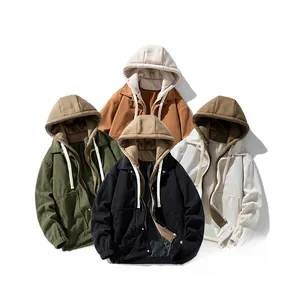 Detailed pile of four colors of corduroy hooded jackets showing high quality texture