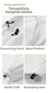 Detailed views of adjustable hood, side pockets, elastic cuffs, and drawstring hem on white jacket