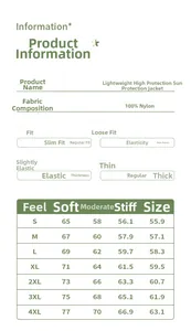 Size chart for lightweight sun protection jacket showing measurements from S to 4XL