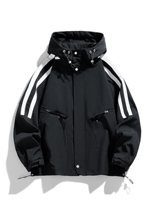 Ανδρικό Trendy Αντιανεμικό Μπουφάν Με Κουκούλα Casual Tooling Polyester Παλτό Με Φερμουάρ Και Μανίκια Με Ρίγες