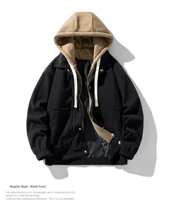 Detail view of men's black corduroy hooded jacket with contrast khaki faux-layered hood