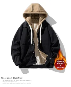Front view of black corduroy hooded jacket with warm white fleece lining and ribbed cuffs