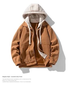 Detail of caramel corduroy jacket featuring cargo pockets and drawstring hood